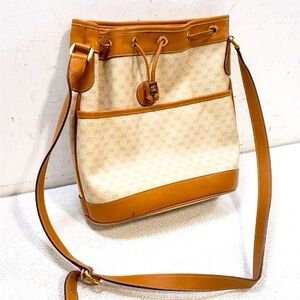 Gucci Ophidia Vintage Monogram Canvas and Leather Bucket Bag- Beige and brown